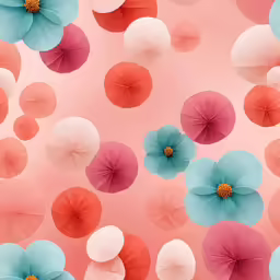 a group of pink, blue, and red flowers on a pink background