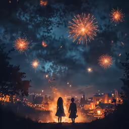 a couple standing under fireworks as seen from the back of a vehicle