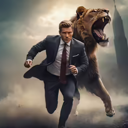 a man in a business suit running with a tiger