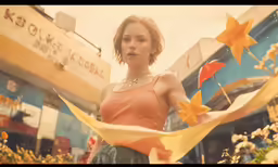 a woman holding an orange and yellow scarf outside of a building