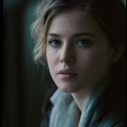 a woman with blue eyes looking into the distance