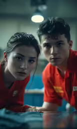 two people are dressed in red, staring at the camera