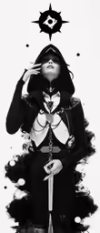 the woman in black outfit is holding a sword