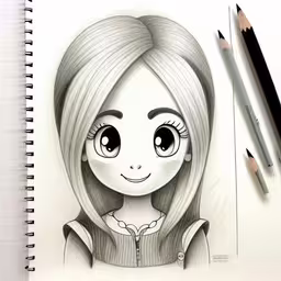 a pencil drawing of a girl with large eyes,a pencil drawing of a girl with long hair