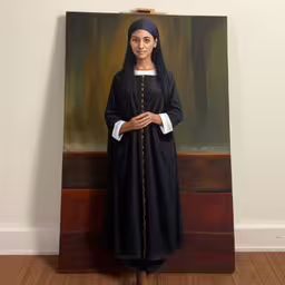 painting of nun with black dress and white top