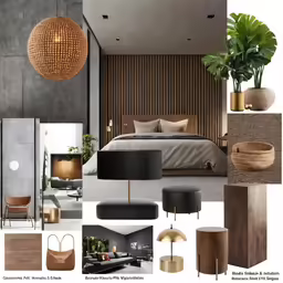 a room with gray walls and wood accents