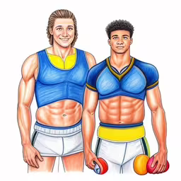 the drawing shows two men wearing vests and holding dumbs,this drawing depicts two men holding dumbbells