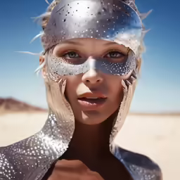 a young lady wearing futuristic garb and a face mask