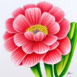 a pink flower with green leaves drawn by colored pencils,this is an image of a large flower drawn by colored pencils,a flower drawing on a white sheet with green stems,a painting of a pink flower on a white background,a painting of a large pink flower on paper