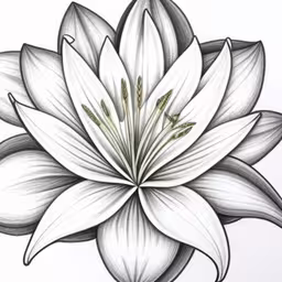 white lily with large flower petals and the center leaf,a drawing of a white flower with brown stems