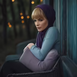 a woman sitting down looking off into the distance