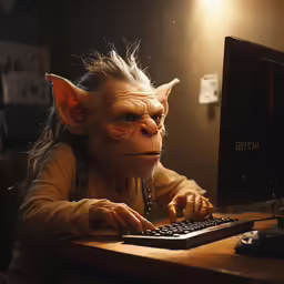 an adult elf sits at a desk and uses a computer