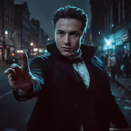 man dressed in black with his hands out to the side