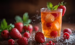 a cocktail of raspberries, orange and lime sits near other strawberries