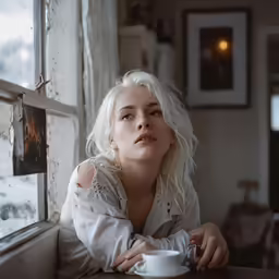 a woman sitting in a chair with a cup