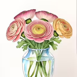 the watercolor painting shows many different colored flowers in the vase,a painting of pink flowers in a vase