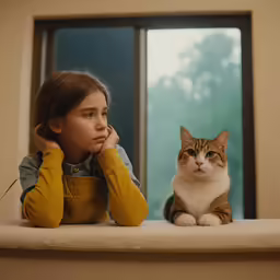 a girl in overalls sitting behind a window looking at a cat