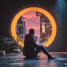 a man sitting in front of an arch, looking at the night