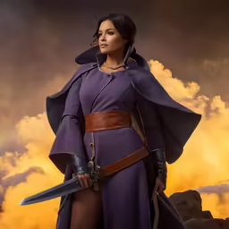 a woman wearing a purple dress with a long cape and sword