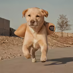 a brown dog walking along a walkway next to a building