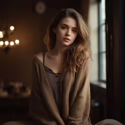 a woman in brown sits and looks into the camera