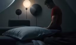 the man is looking at pillows on the bed