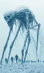 a skeleton is walking in the snow with people behind it