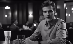 man with a cup sitting at a table in a restaurant