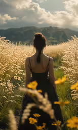 woman in black dress walking through a field of tall yellow flowers