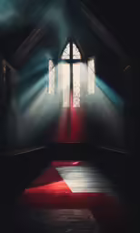 a dimly lit stage with an open window and a red rug