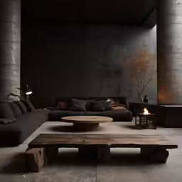 a round table with some pillows and a wooden bench