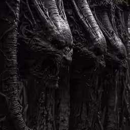 alien sculptures are hanging upside down in the forest