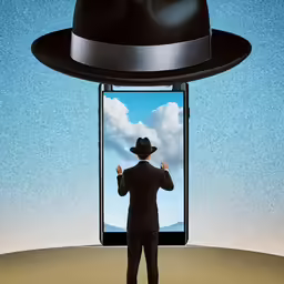 a man in black hat standing in front of cell phone