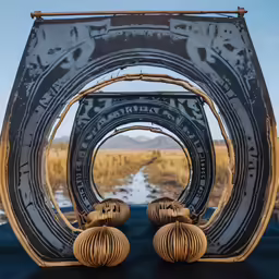 a wooden arch over looking a muddy water hole