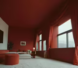 the living room is painted bright red and has a pair of large windows overlooking the city