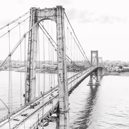 the queens bridge spanning the width of the river with cars traveling over the bridge