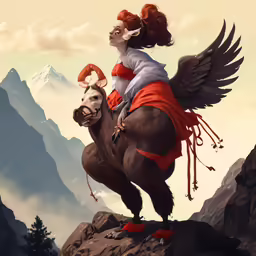 the painting depicts a female rider on a brown horse