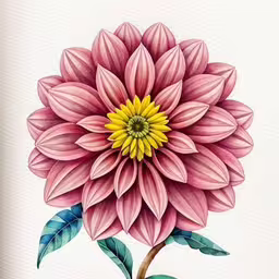 a watercolor painting of a pink flower,a flower with leaves on it and a pink rose,a pink flower with yellow center is on white paper,an artistic flower is painted with watercolor,the pink flower is on the left hand corner