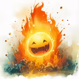 a happy fireball with grinning eyes in flames