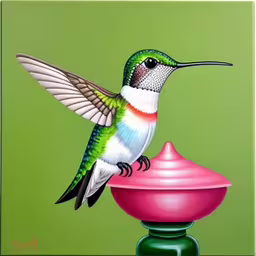 a painting of a hummingbird with a pink bowl,a hummingbird sitting on top of a pink vase