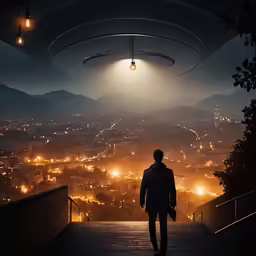 a man walking on a platform under a light
