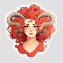 a woman with long horns wearing red hair