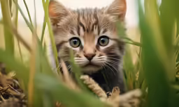 a close - up view of a kitten peeking out through some tall grass