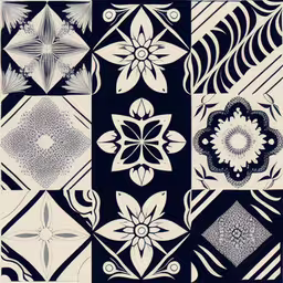 the geometric designs are in blue and white,a group of black and white tiles with abstract designs