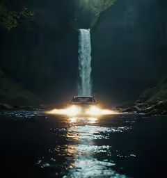 a jeep driving through a waterfall in the night
