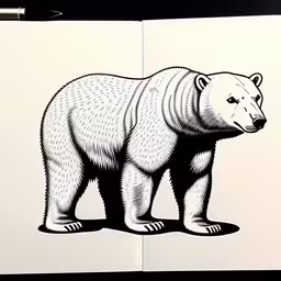a book that has a black bear in it,a bear standing in front of a book opened,the bear is painted on the back of a book,an open book with an ink drawing of a polar bear,a picture of a bear in black and white