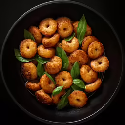 fried breaded and green onions in a black bowl