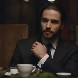 a man wearing a suite and tie sits in front of a table with coffee cups