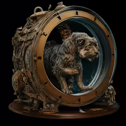 a dog standing on top of a round clock