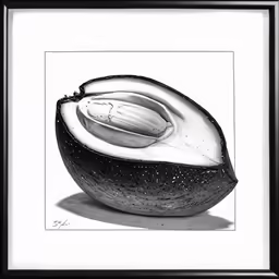 a black and white photo with an avocado in it